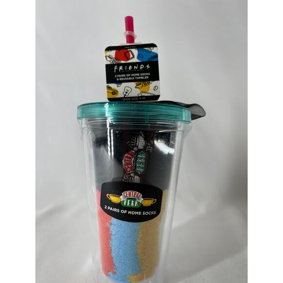 Friends TV Show Reusable Travel Tumbler Cup 2 Pair Fuzzy Socks Central Perk NEW - Picture 1 of 9